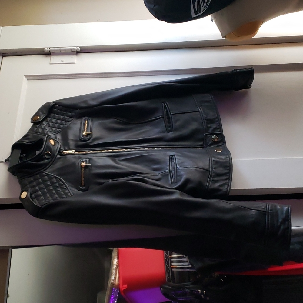 Genuine Leather Motorcycle Jacket with Gold Accents